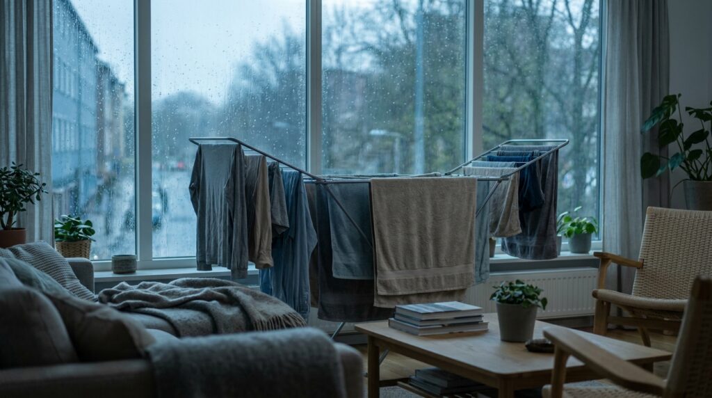 Damp clothes drying indoors on a rainy day in a European apartment