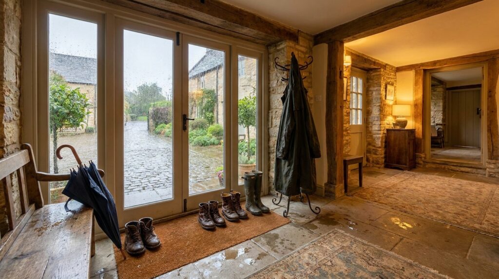 Wet shoes and umbrella by the door on a rainy day