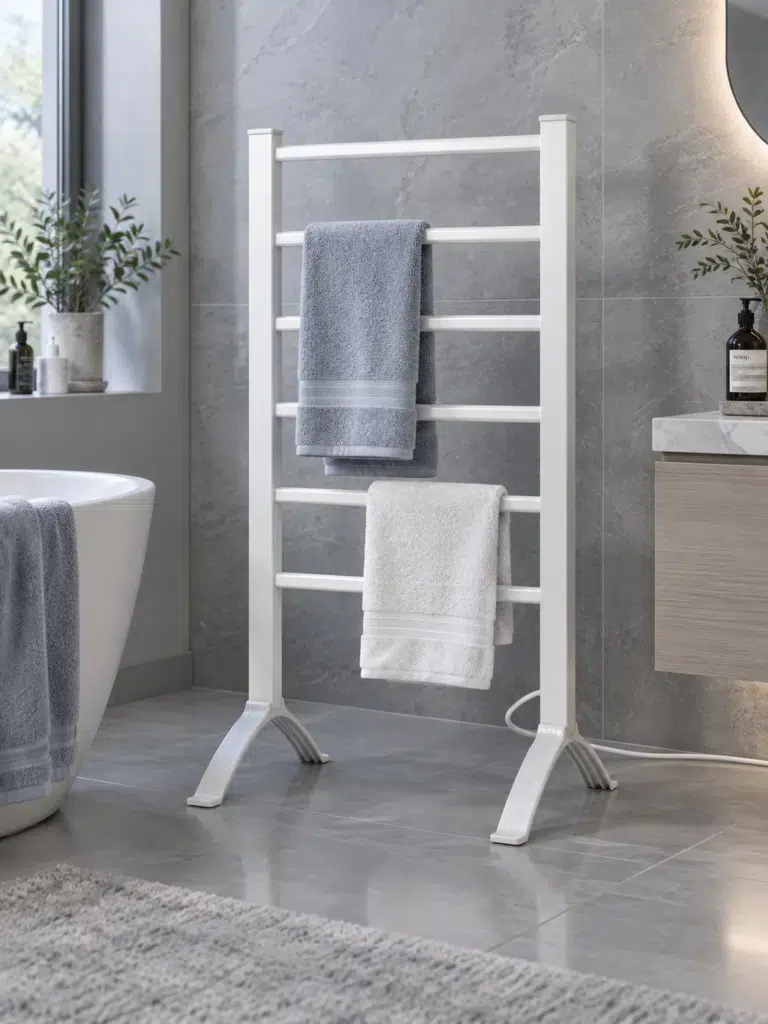 White EVIA EV-100 freestanding towel warmer with six heating bars and support feet
