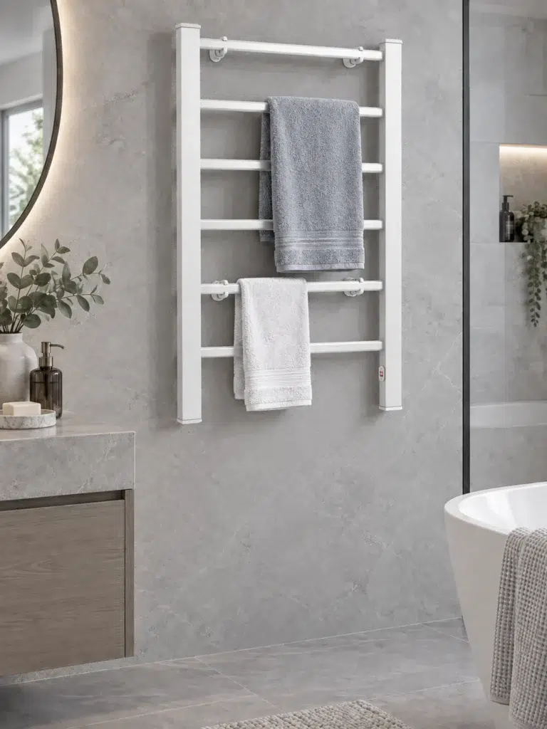 White EVIA EV-100 wall-mounted towel warmer with six heating bars
