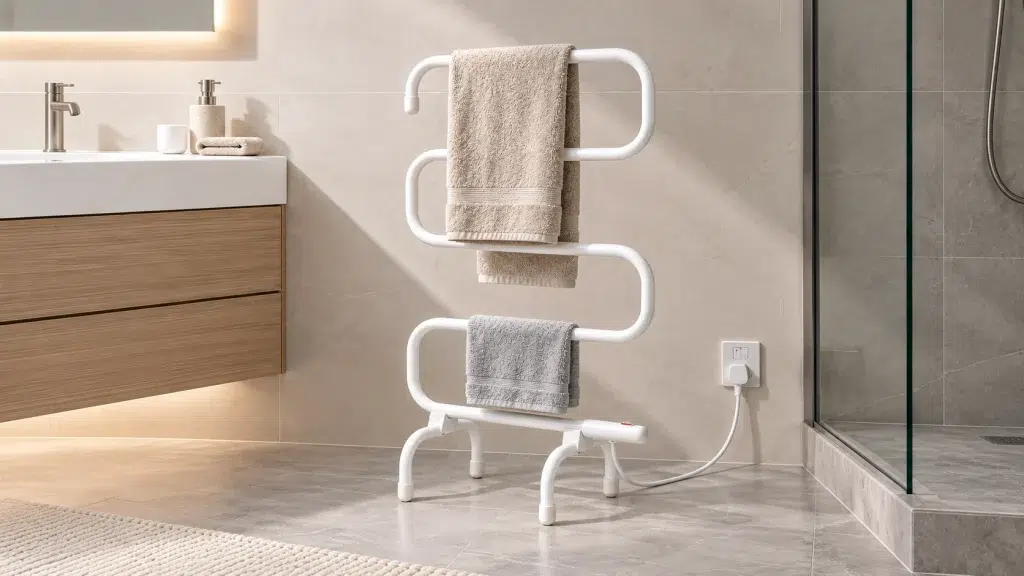 S-shaped freestanding towel warmer rack plug-in vs hardwired heated towel rails