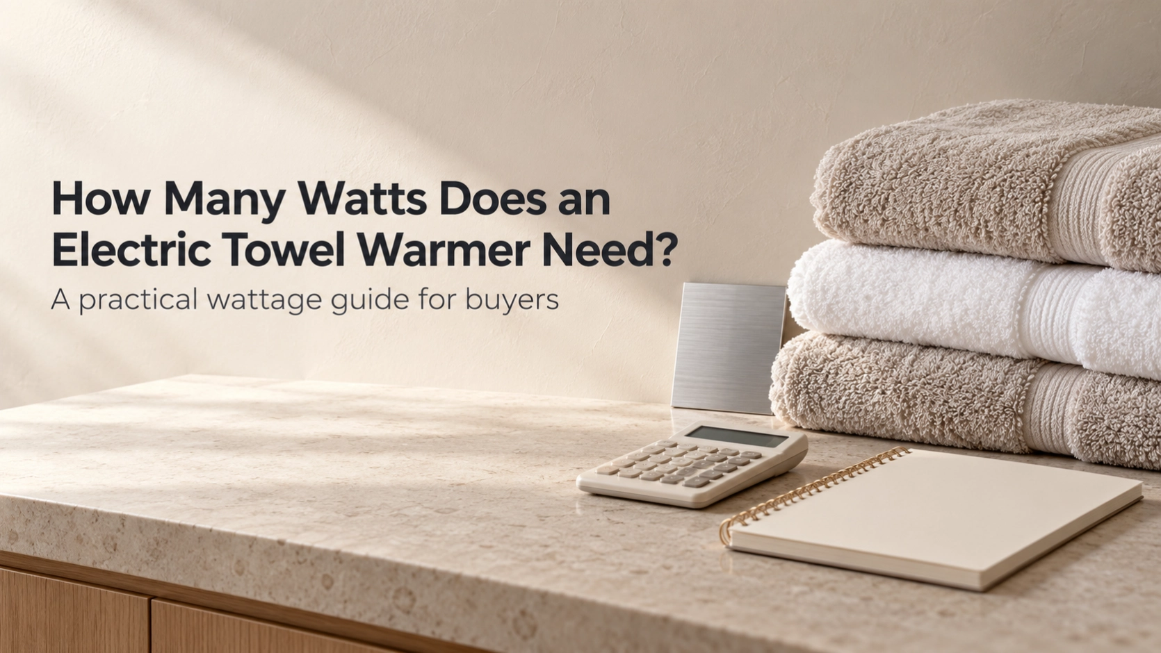 Folded towels, calculator and notebook illustrating an electric towel warmer wattage guide