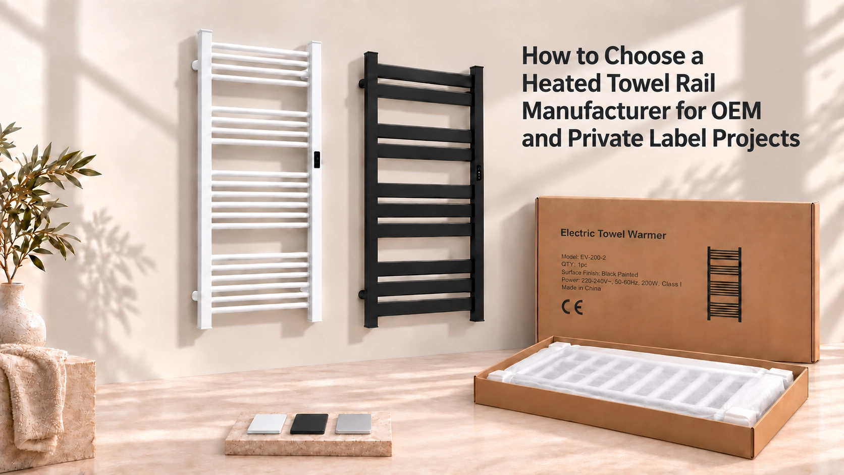 Concept illustration of heated towel rails, finish samples and private-label packaging