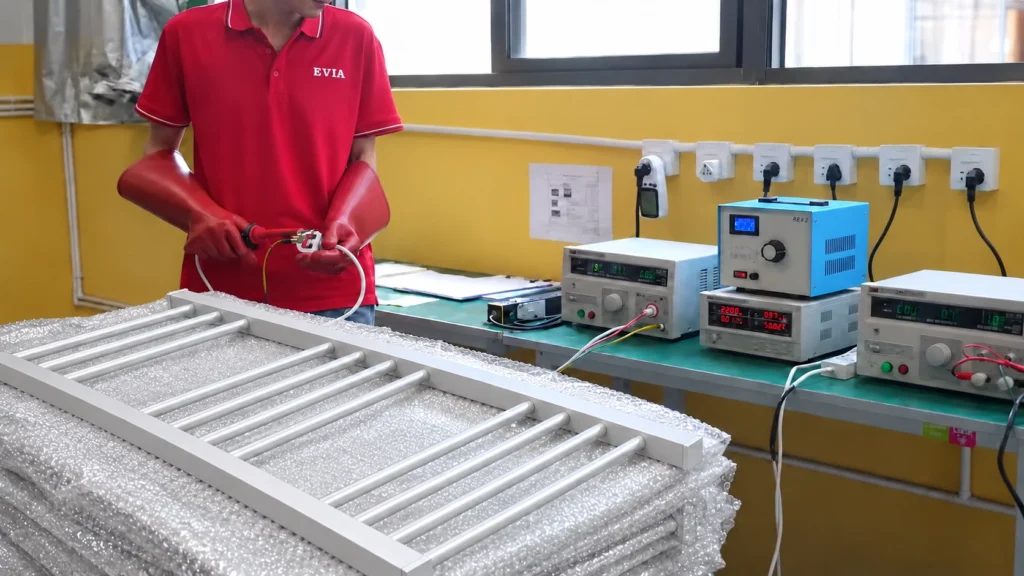 EVIA electric towel warmer sample undergoing a dimensional inspection